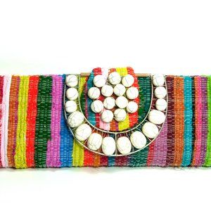 WOVEN FABRIC CLUTCH WITH SHELL/BEADED HANDLE